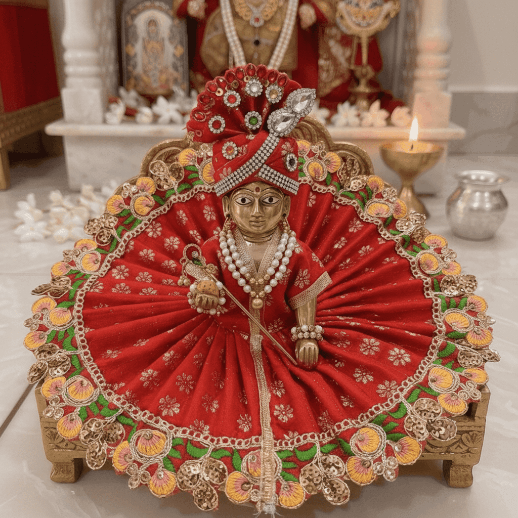 Decorative idol in red and gold attire on a white surface with religious items in the background