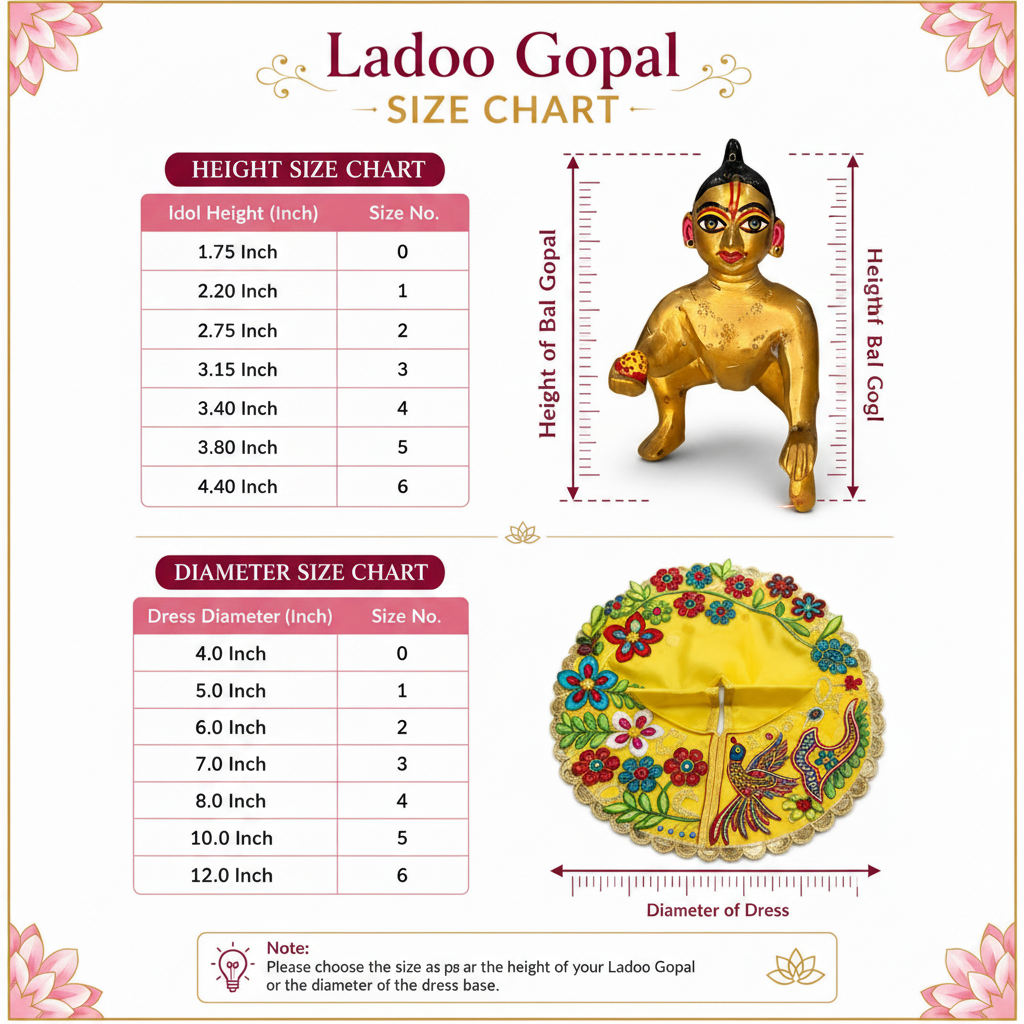 Size chart for Ladoo Gopal with height and diameter measurements and corresponding size numbers.