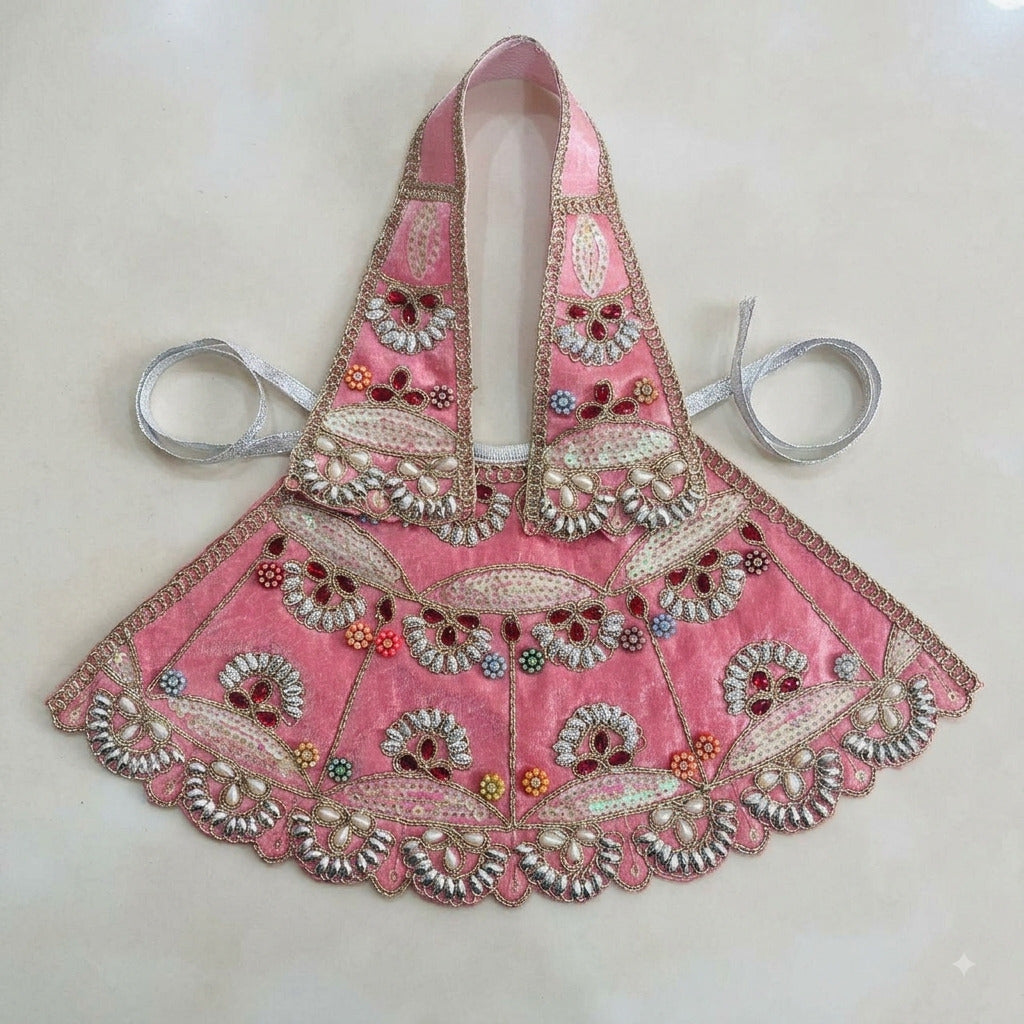 Bhavyaam handcrafted Gulabi Lavanya pearl and stone Mata Rani lehenga patka set with moti work, ruby stone embellishments, and crystal scalloped border for Radha Ashtami and Devi shringar.