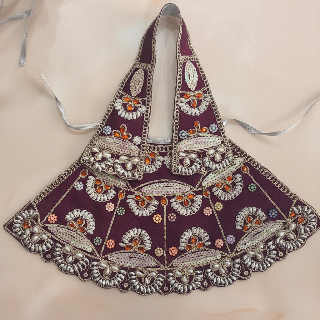 Bhavyaam handcrafted Jamuni Lavanya wine Mata Rani lehenga patka set with pearl moti work, topaz amber stone embellishments, and crystal scalloped border for Navratri and Devi shringar.