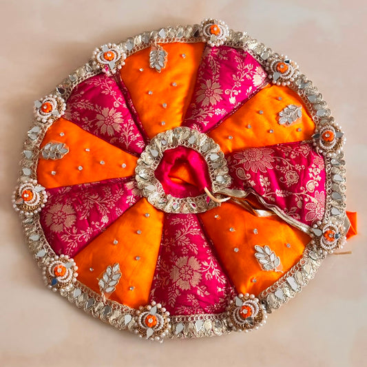 Bhavyaam Kesari Rangotsav handcrafted saffron orange and rani pink Laddu Gopal Ji poshak with pearl, stone work and matching designer Mukut for Janmashtami and Rajbhog seva.