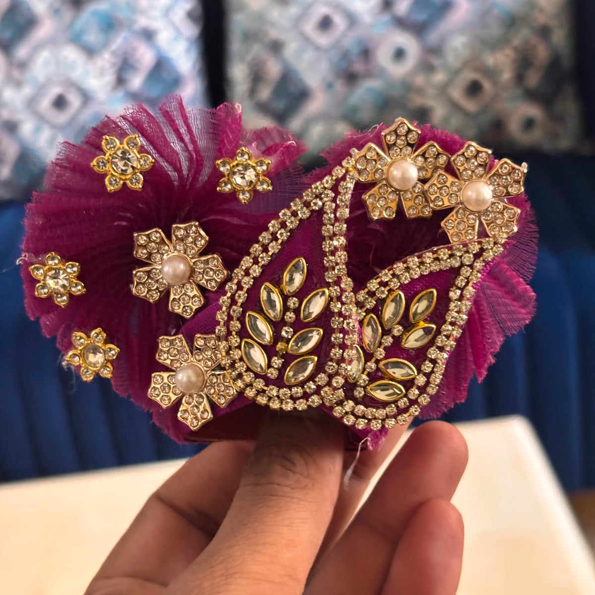 Bhavyaam Rajbhog Kamal Vaibhav handcrafted wine magenta velvet Laddu Gopal Ji poshak with pearl, kundan and stone work and matching designer Mukut for Janmashtami and Rajbhog seva.