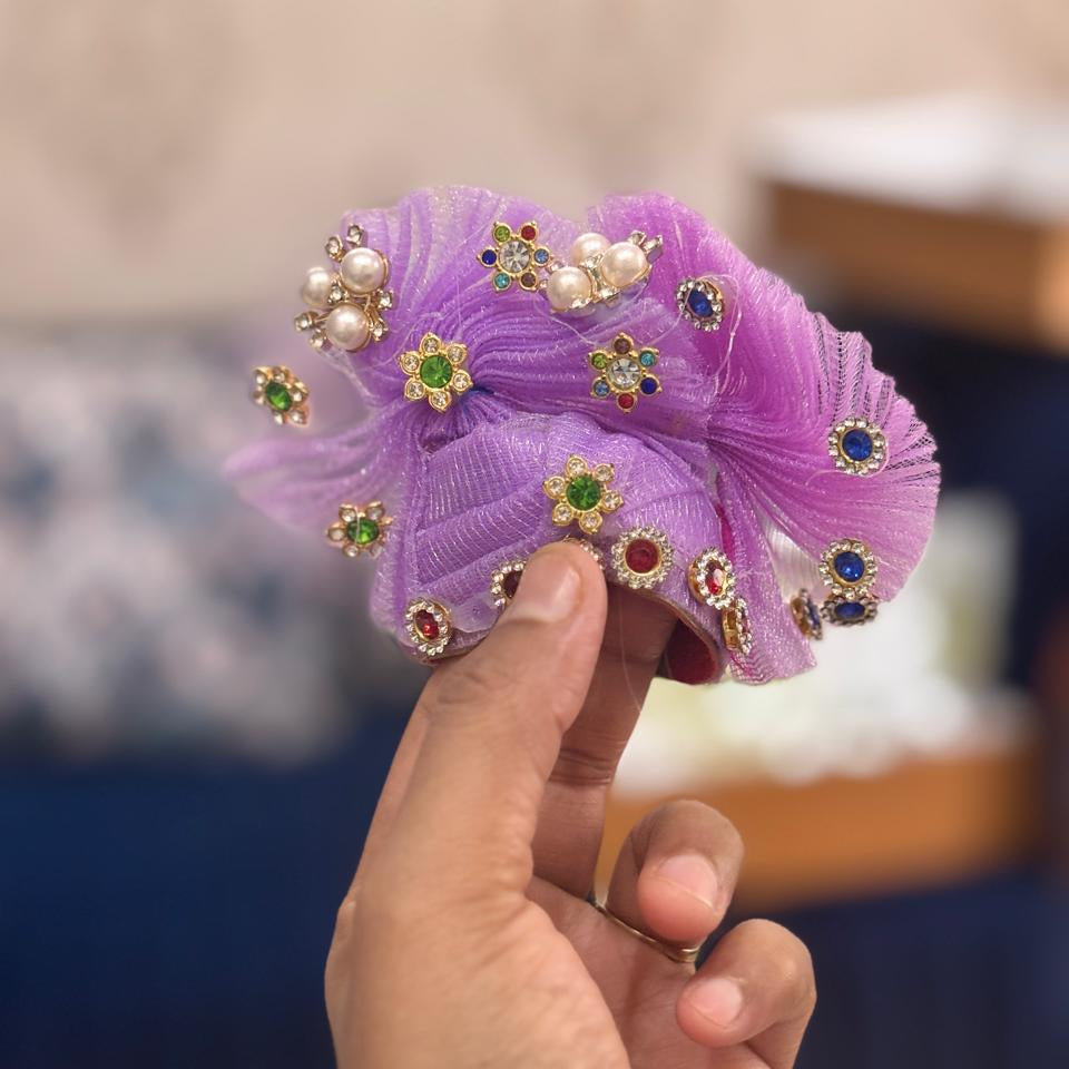 Bhavyaam Ratnavali Lavanya handcrafted lavender Laddu Gopal Ji poshak with pearl floral work, multicolor kundan detailing and matching designer Mukut for Radhashtami, Sharad Purnima and Janmashtami.