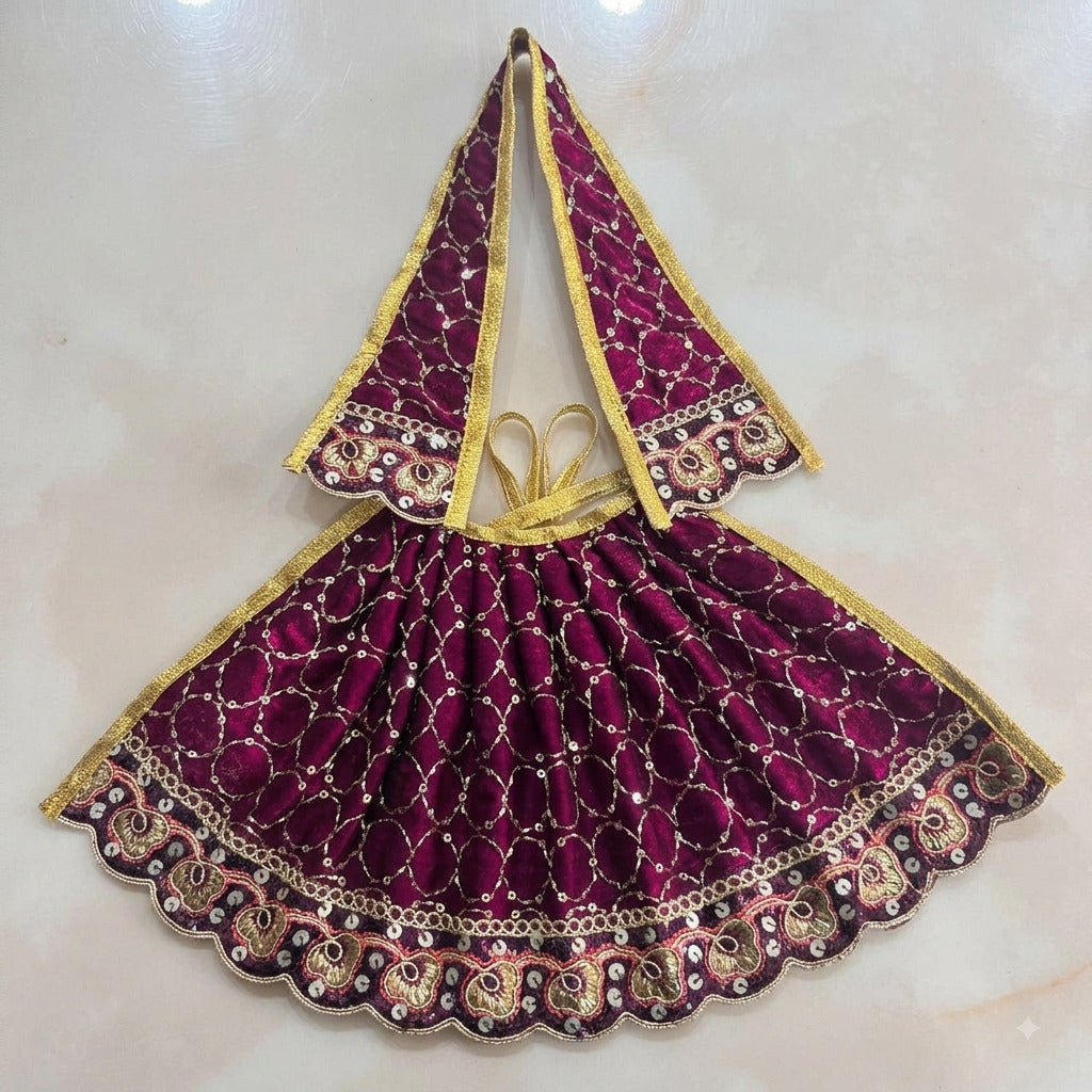 Bhavyaam handcrafted royal wine magenta Mata Rani lehenga patka set with golden zari embroidery, sequin circles, and scalloped floral border for Navratri and Devi shringar.