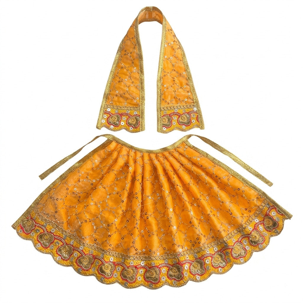 Bhavyaam handcrafted Pitambari yellow Mata Rani lehenga patka set with golden zari embroidery, sequin circles, and scalloped floral border for Navratri and Devi shringar.