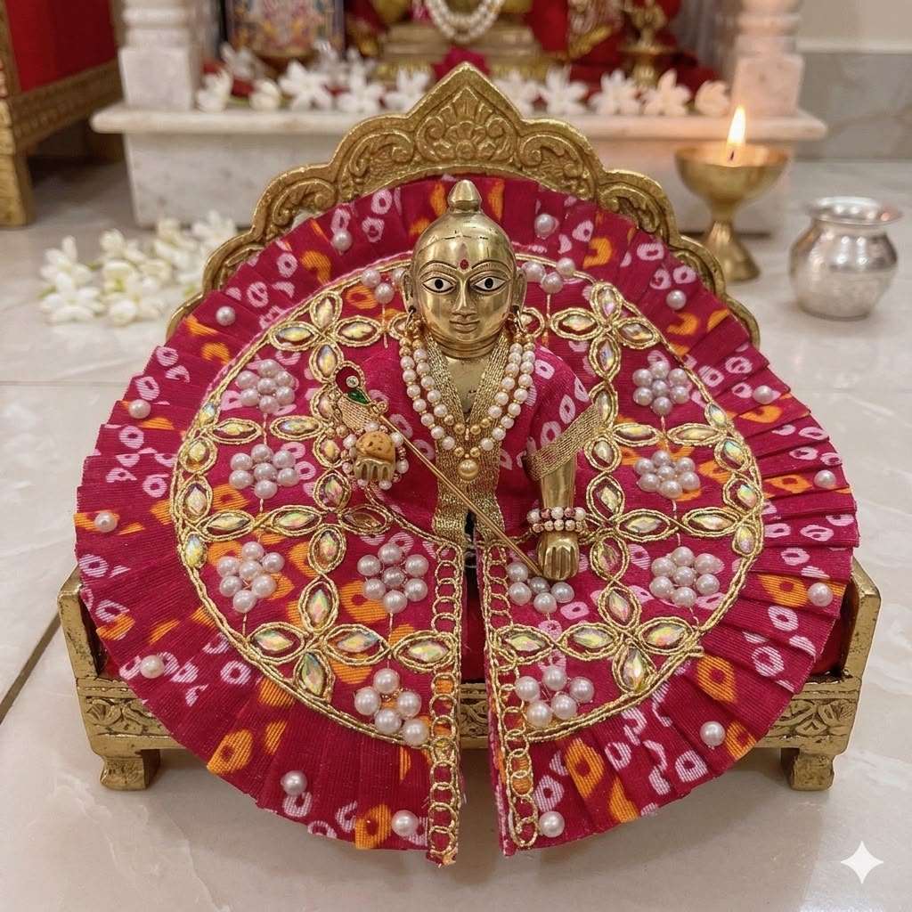 Premium Pink Bandhani Laddu Gopal Dress with Pearl and Zari Work