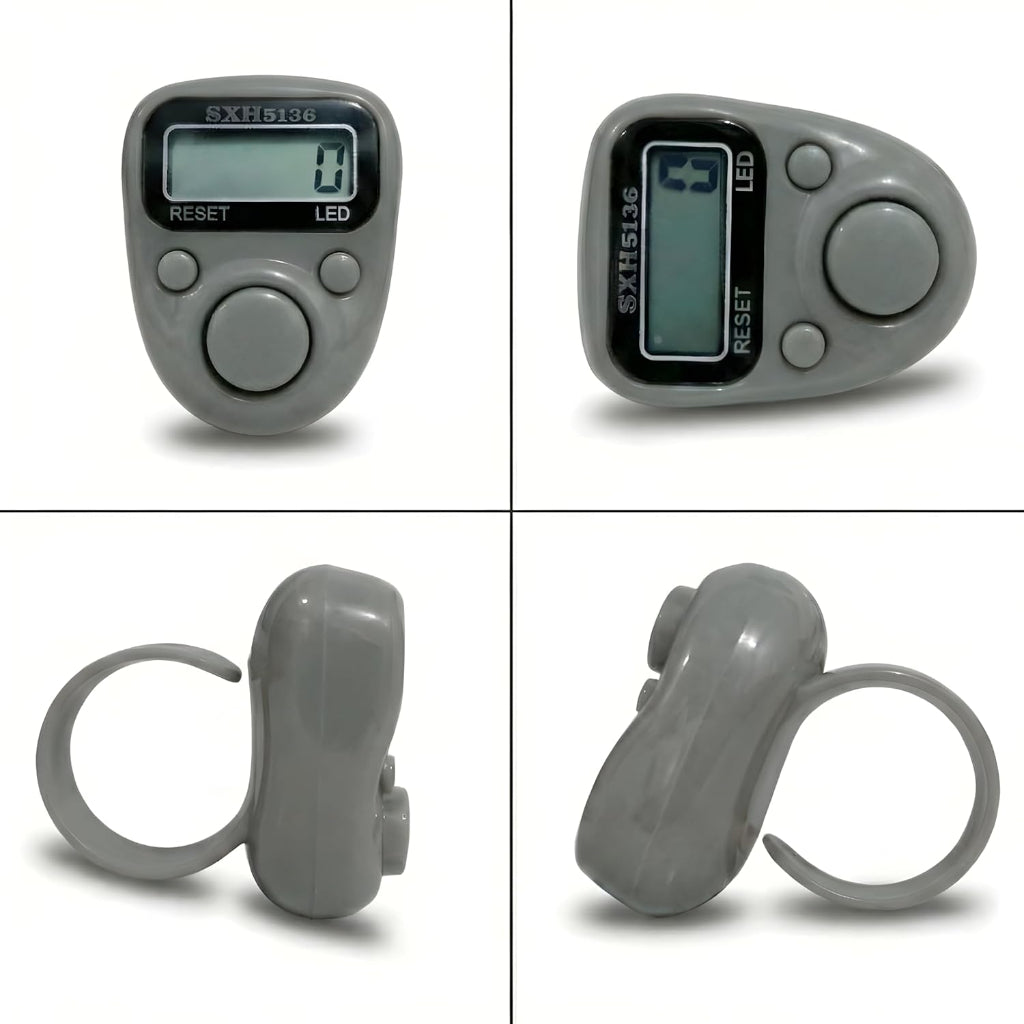Gray digital pedometer with a digital display and reset button, shown from multiple angles on a white background.