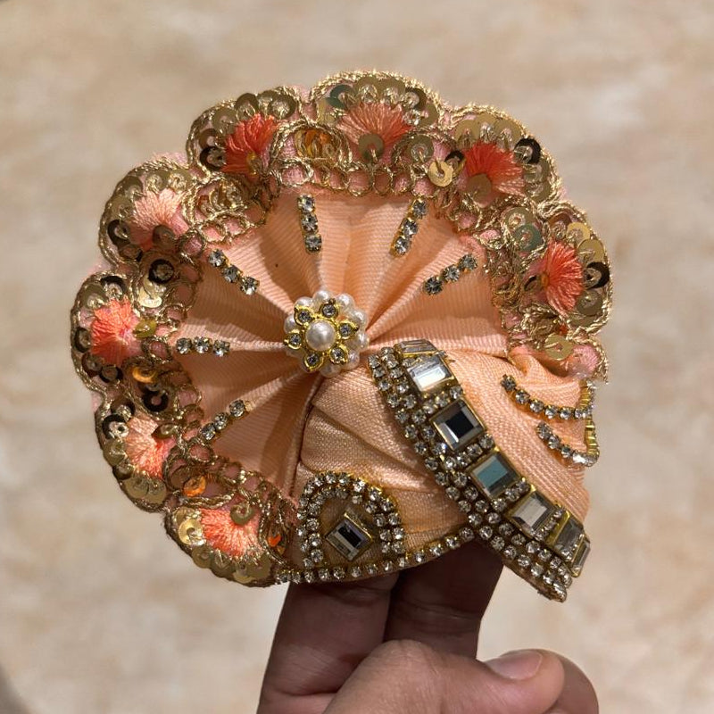Kesar Peach Swarna Kundan & Sequin Designer Pagdi for Laddu Gopal