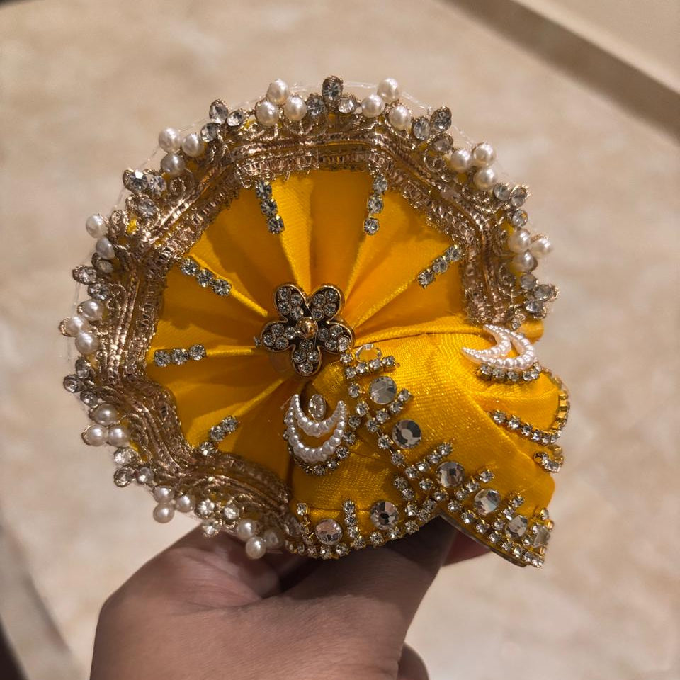 Pitambar Yellow Moti-Mukut Pearl & Stone Designer Pagdi for Laddu Gopal