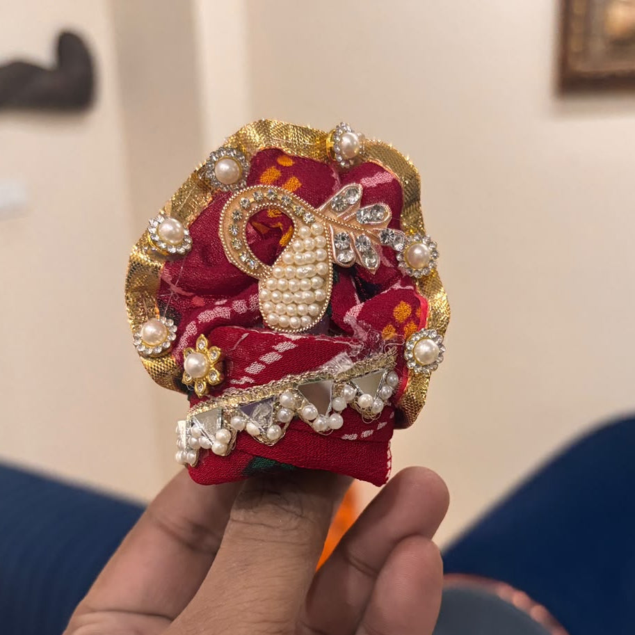 Raktam Red Bandhan-Kriti Pearl-Peacock Bandhani Poshak for Laddu Gopal