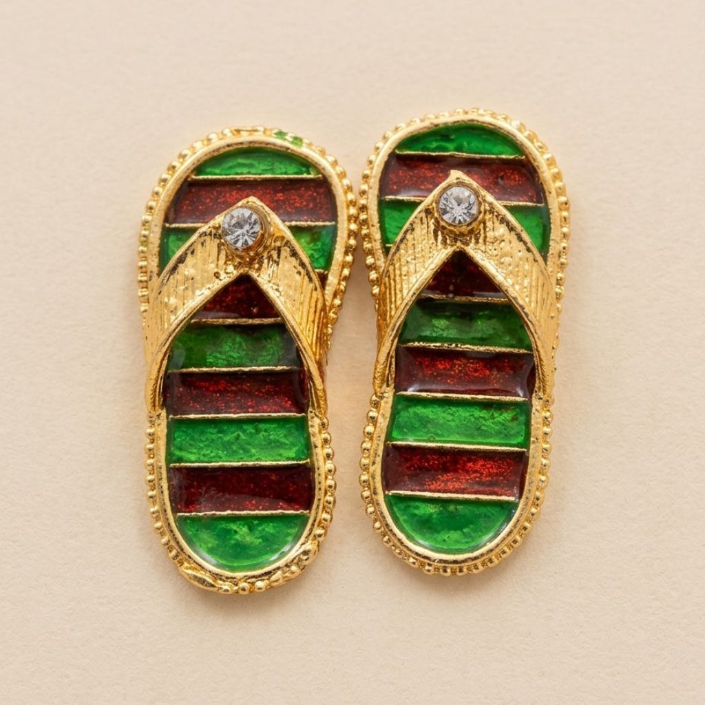 Shahi Dhari emerald and crimson designer charan paduka for Ladoo Gopal Ji with gold-tone crystal straps
