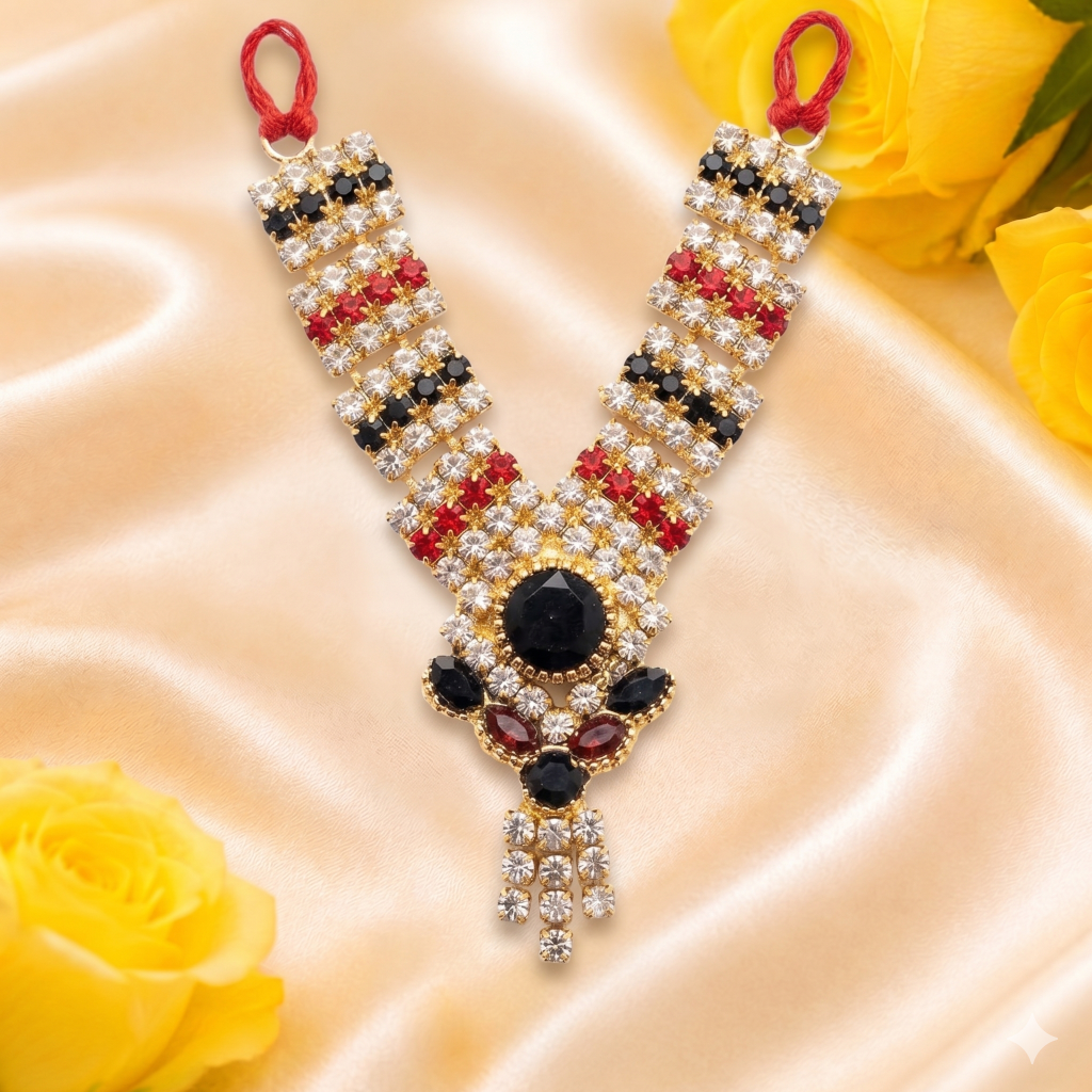 Shahi Tri-Ratna onyx, ruby, and crystal designer mala for Ladoo Gopal Ji, featuring a statement centerpiece and cascading pendant