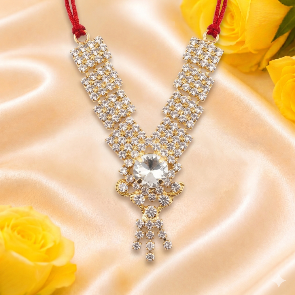 Shwet Ratna radiant crystal designer mala for Ladoo Gopal Ji, featuring a statement centerpiece and cascading pendant