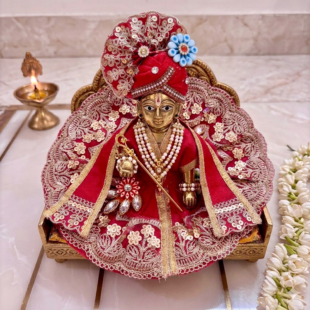 Decorative figure in red and gold attire with jewelry, placed on a marble surface.
