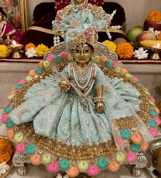 Pastel Mint Designer Ladoo Gopal Poshak – Heavy Embroidery & Multicolored Leaf Border Set