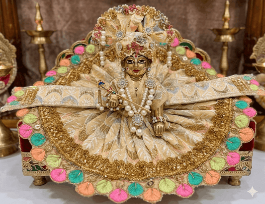 Royal Golden Beige Designer Ladoo Gopal Poshak – Exclusive Multicolored Leaf Border Set