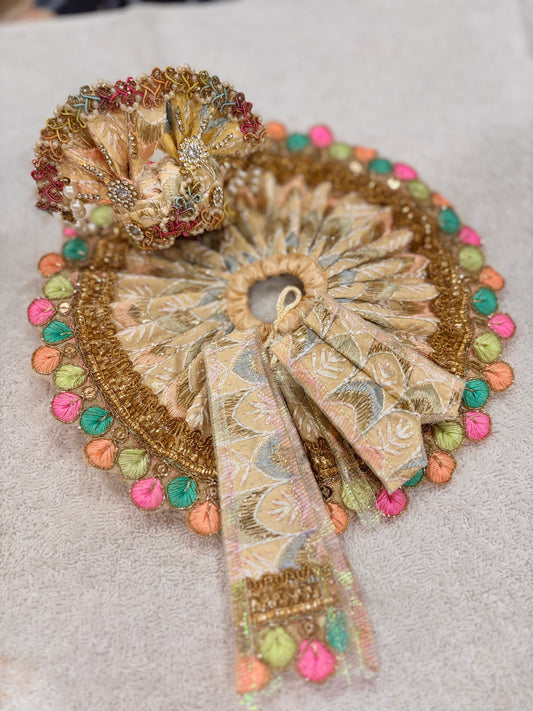 Royal Golden Beige Designer Ladoo Gopal Poshak – Exclusive Multicolored Leaf Border Set