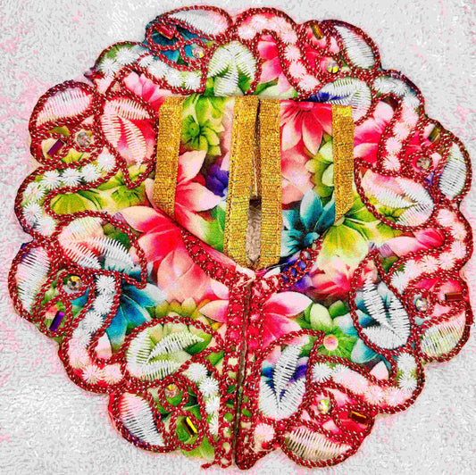 Colorful embroidered butterfly design on a textured fabric background