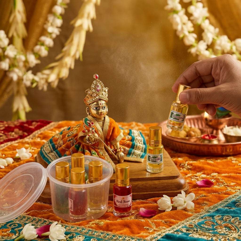 Decorative setup with a small idol, flowers, and a hand holding a bottle on an ornate cloth.
