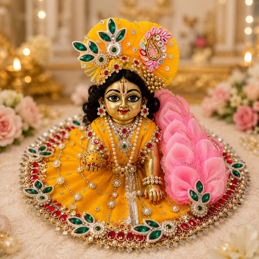 Handcrafted yellow and pink designer dress and matching crown for Ladoo Gopal Ji with floral and crystal embellishments.