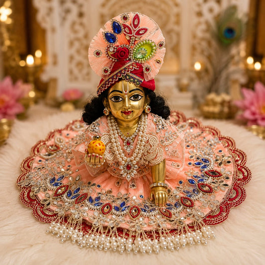 Bhavyaam Gulab Ras handcrafted peach Laddu Gopal Ji Poshak with designer Mukut, kundan embroidery, pearl tassels and premium festive Shringar.