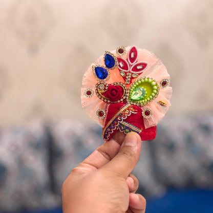 Bhavyaam Gulab Ras handcrafted peach Laddu Gopal Ji Poshak with designer Mukut, kundan embroidery, pearl tassels and premium festive Shringar.