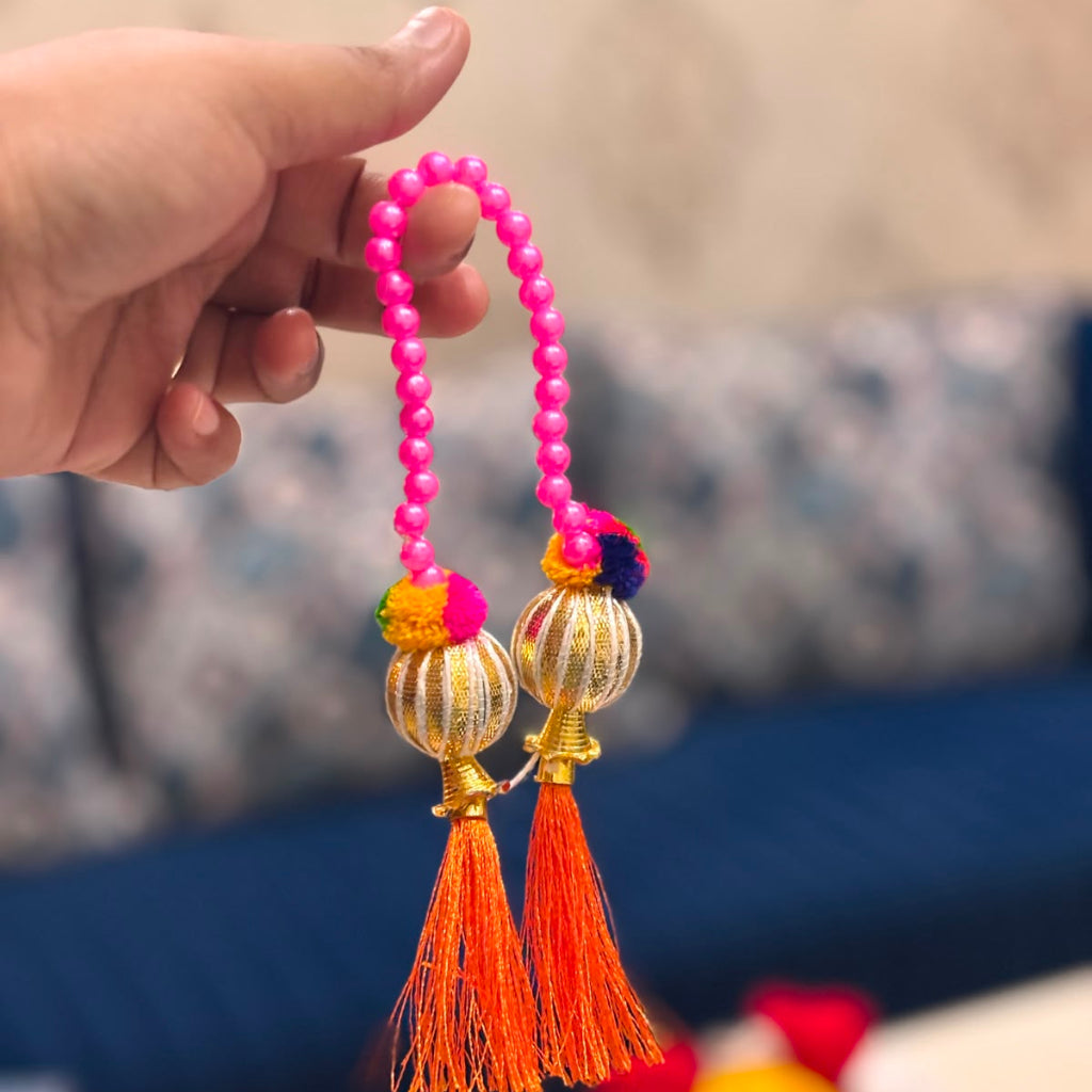 Bhavyaam Gulab Ras handcrafted peach Laddu Gopal Ji Poshak with designer Mukut, kundan embroidery, pearl tassels and premium festive Shringar.