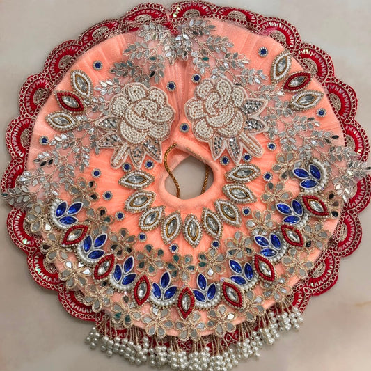 Bhavyaam Gulab Ras handcrafted peach Laddu Gopal Ji Poshak with designer Mukut, kundan embroidery, pearl tassels and premium festive Shringar.