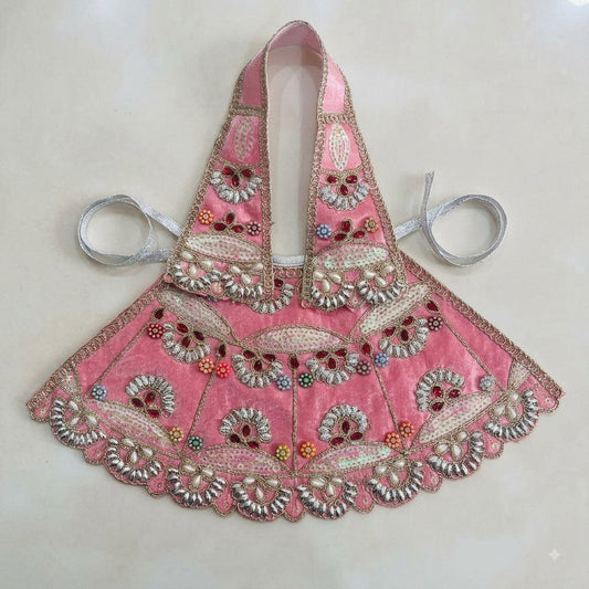 Bhavyaam handcrafted Gulabi Lavanya pearl and stone Mata Rani lehenga patka set with moti work, ruby stone embellishments, and crystal scalloped border for Radha Ashtami and Devi shringar.