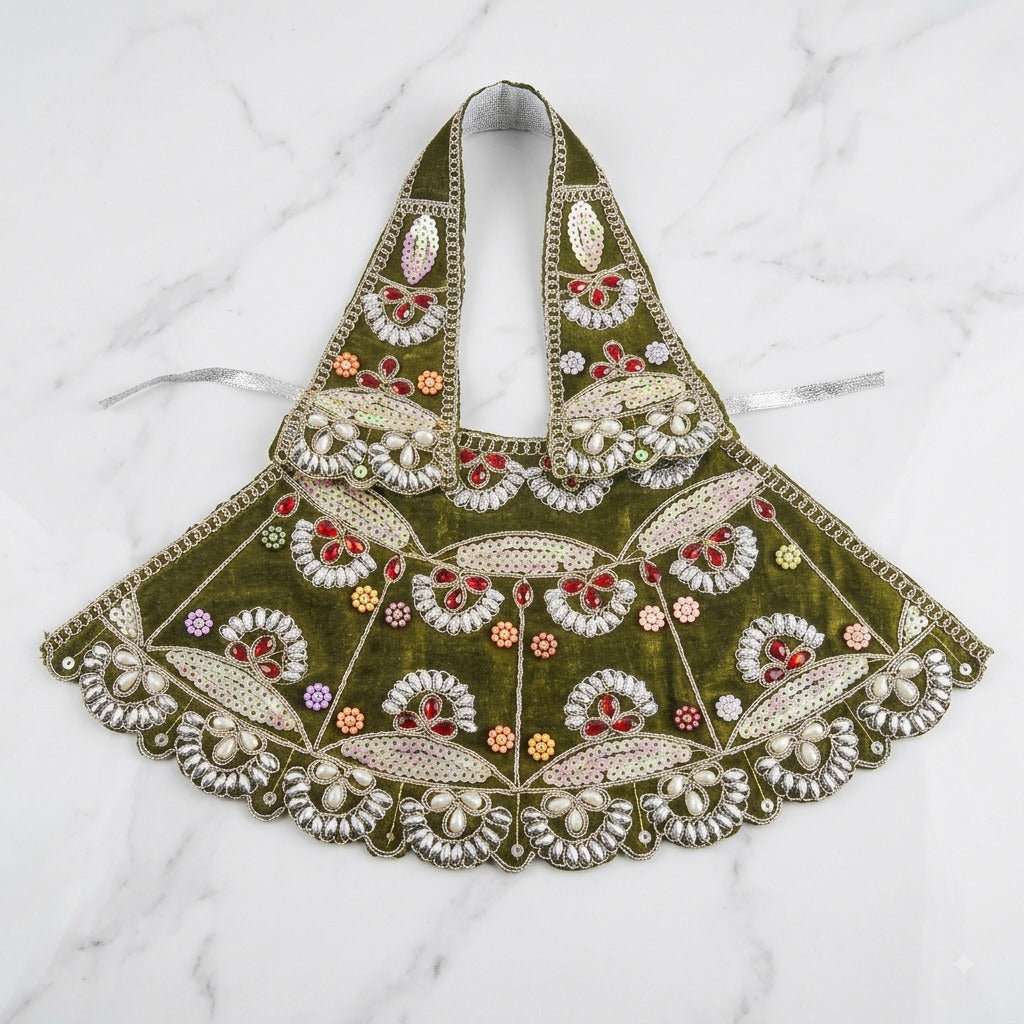 Bhavyaam handcrafted Hariyali Lavanya olive green Mata Rani lehenga patka set with pearl moti work, ruby stone embellishments, and crystal scalloped border for Hariyali Teej and Devi shringar.