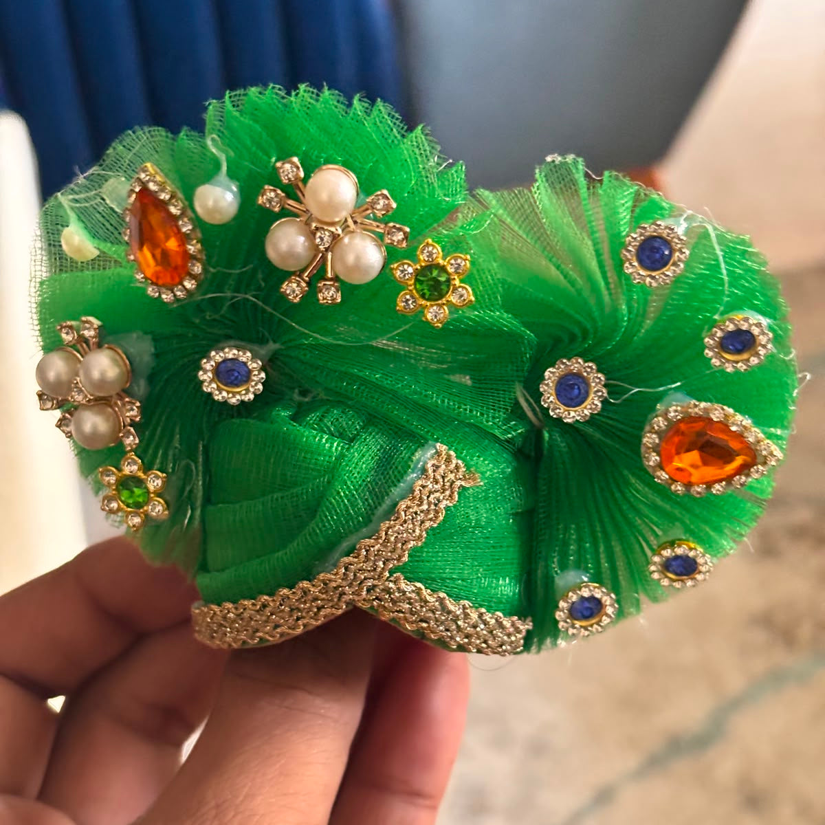 Bhavyaam Hariyali Mayur Vaibhav handcrafted emerald green Laddu Gopal Ji poshak with pearl, kundan and Morpankh detailing and matching designer Mukut for Shravan, Teej and Janmashtami.