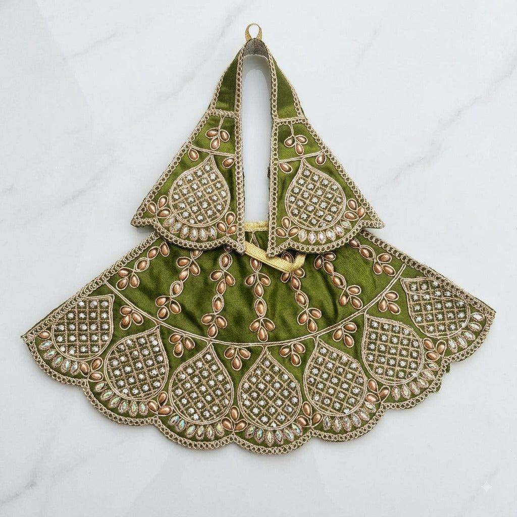 Bhavyaam handcrafted Hariyali Swarna olive green Mata Rani lehenga patka set with golden teardrop beads and scalloped rhinestone kalash motifs for Hariyali Teej and Navratri.