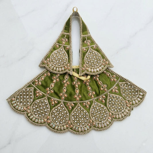Bhavyaam handcrafted Hariyali Swarna olive green Mata Rani lehenga patka set with golden teardrop beads and scalloped rhinestone kalash motifs for Hariyali Teej and Navratri.