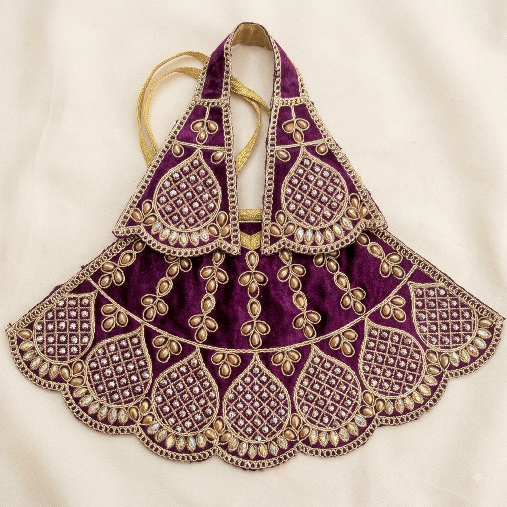 Bhavyaam handcrafted Jamuni Swarna royal purple Mata Rani lehenga patka set with golden teardrop beads and scalloped rhinestone kalash motifs for Navratri and Kali Puja