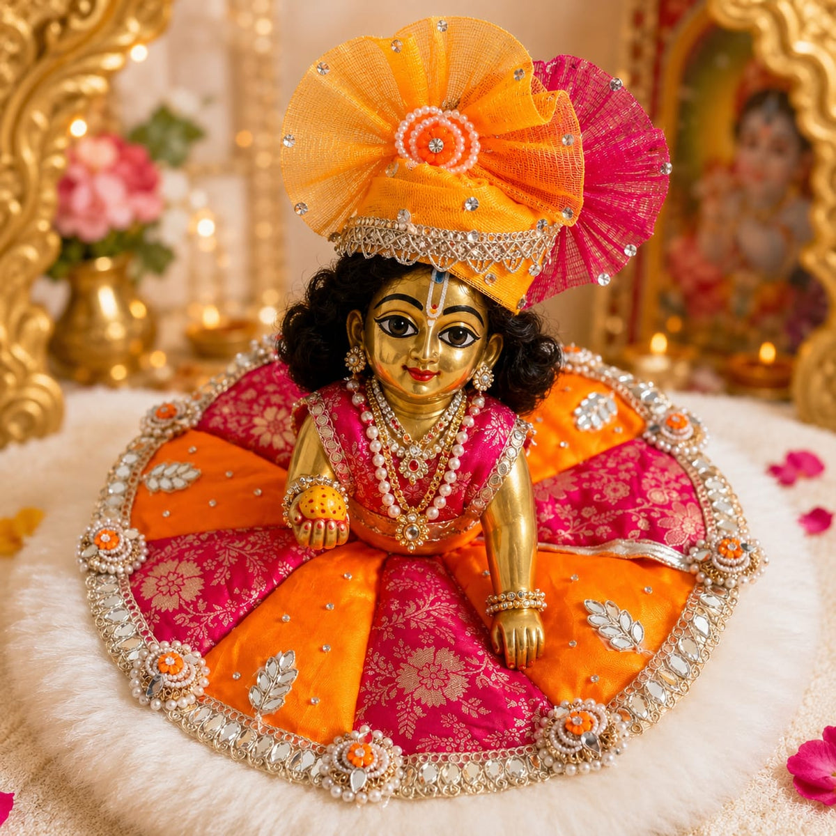 Bhavyaam Kesari Rangotsav handcrafted saffron orange and rani pink Laddu Gopal Ji poshak with pearl, stone work and matching designer Mukut for Janmashtami and Rajbhog seva.