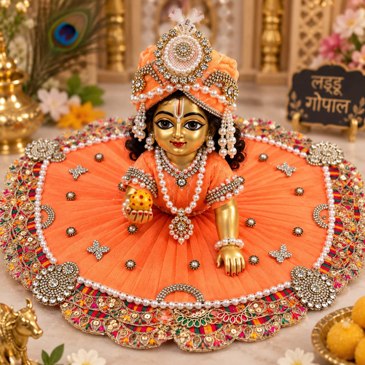 Bhavyaam Kesariya Rajputana handcrafted peach kesari Laddu Gopal Ji poshak with multicolor gota border, pearl crystal detailing and matching designer pearl Mukut for Janmashtami and Rajbhog seva.