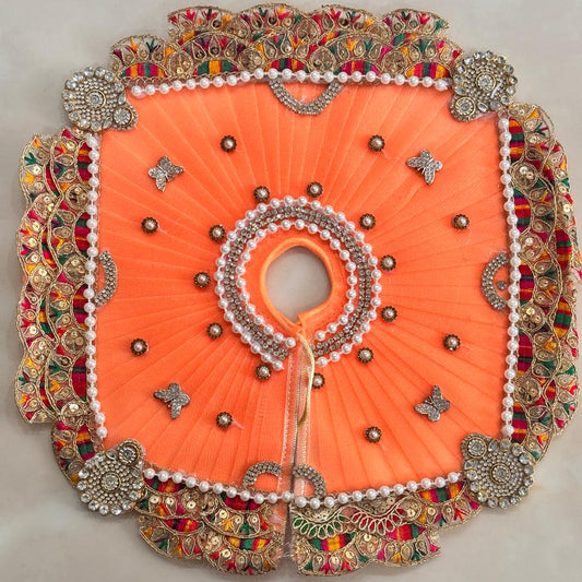 Bhavyaam Kesariya Rajputana handcrafted peach kesari Laddu Gopal Ji poshak with multicolor gota border, pearl crystal detailing and matching designer pearl Mukut for Janmashtami and Rajbhog seva.