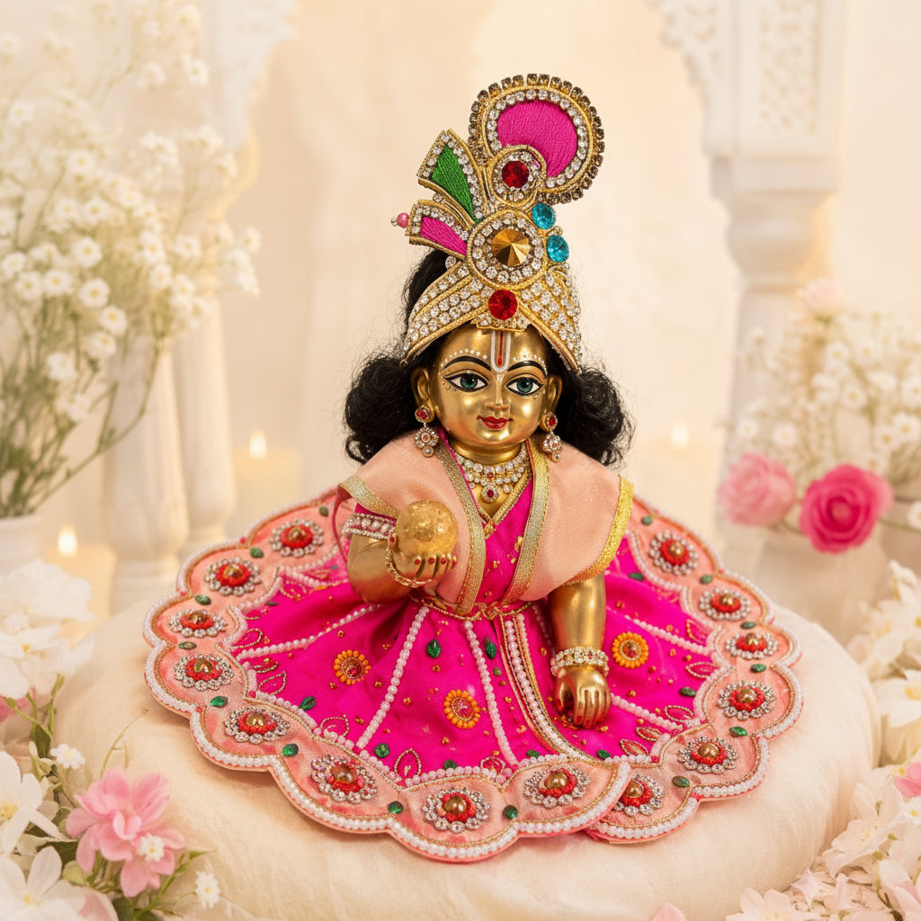 Shop Bhavyaam's Kusum Vilas Shringar Poshak for Ladoo Gopal Ji. Handcrafted pearl and kundan designer dress with matching mukut, perfect for Janmashtami, daily seva, and festive shringar.