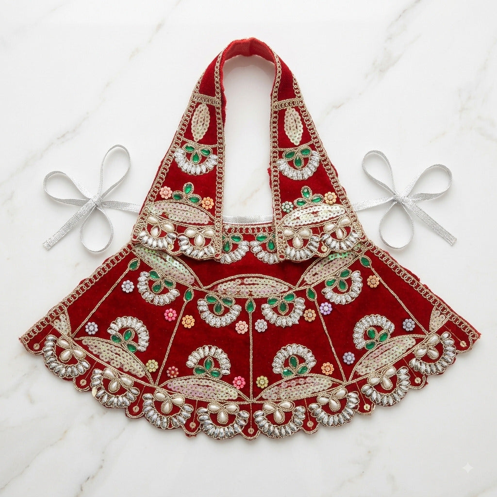 Bhavyaam handcrafted Lal Lavanya crimson red Mata Rani lehenga patka set with pearl moti work, emerald green stone embellishments, and crystal scalloped border for Navratri and Devi shringar.