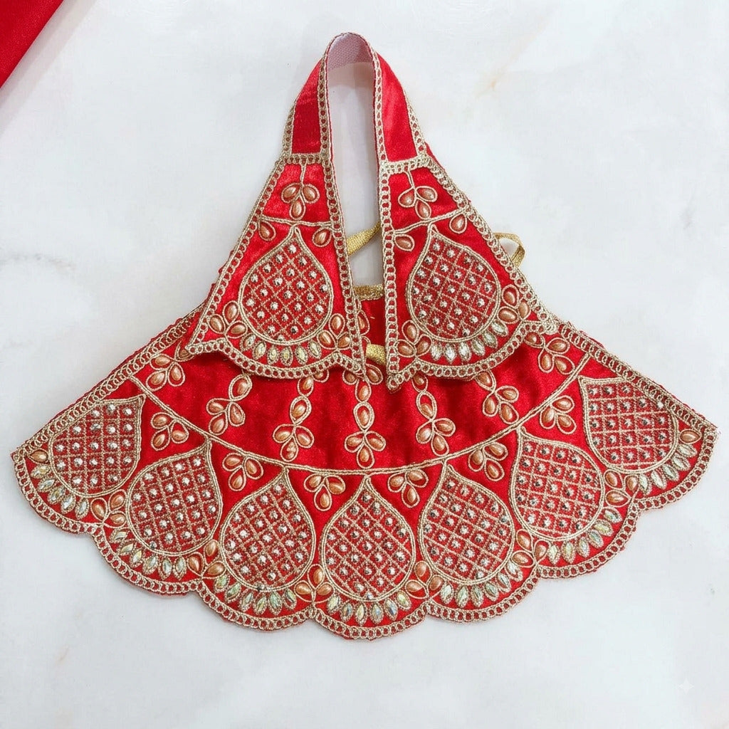 Bhavyaam handcrafted Lal Swarna crimson red Mata Rani lehenga patka set with golden teardrop beads and scalloped rhinestone kalash motifs for Navratri and Durga Puja