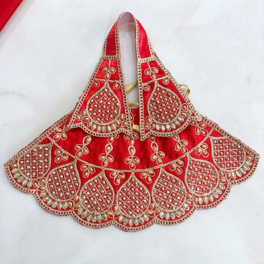 Bhavyaam handcrafted Lal Swarna crimson red Mata Rani lehenga patka set with golden teardrop beads and scalloped rhinestone kalash motifs for Navratri and Durga Puja