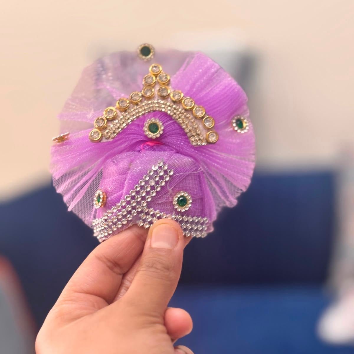 Bhavyaam Lavanya Mayur handcrafted lavender lilac Laddu Gopal Ji poshak with pearl, kundan and Morpankh detailing and matching designer Mukut for Radhashtami, Sharad Purnima and Janmashtami.