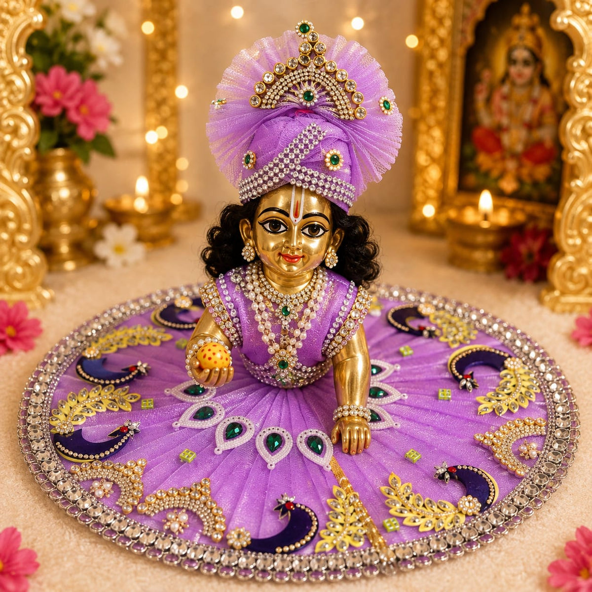 Bhavyaam Lavanya Mayur handcrafted lavender lilac Laddu Gopal Ji poshak with pearl, kundan and Morpankh detailing and matching designer Mukut for Radhashtami, Sharad Purnima and Janmashtami.