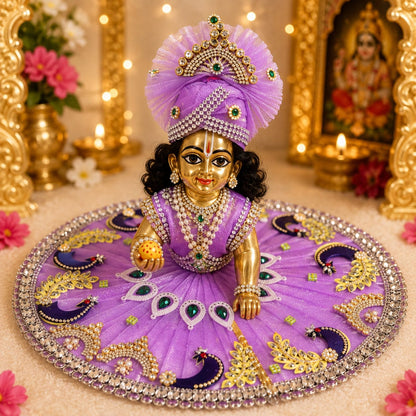 Bhavyaam Lavanya Mayur handcrafted lavender lilac Laddu Gopal Ji poshak with pearl, kundan and Morpankh detailing and matching designer Mukut for Radhashtami, Sharad Purnima and Janmashtami.