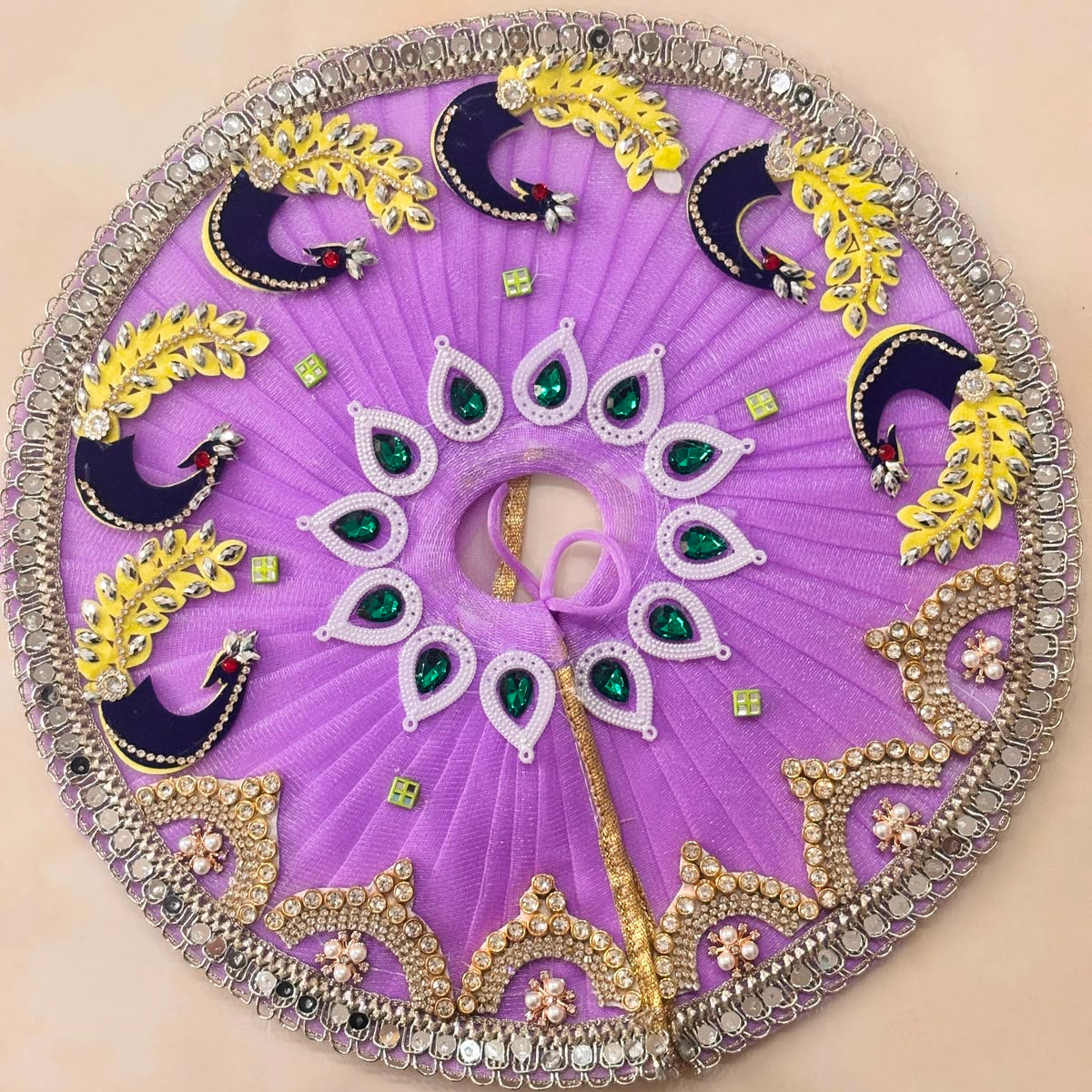 Bhavyaam Lavanya Mayur handcrafted lavender lilac Laddu Gopal Ji poshak with pearl, kundan and Morpankh detailing and matching designer Mukut for Radhashtami, Sharad Purnima and Janmashtami.