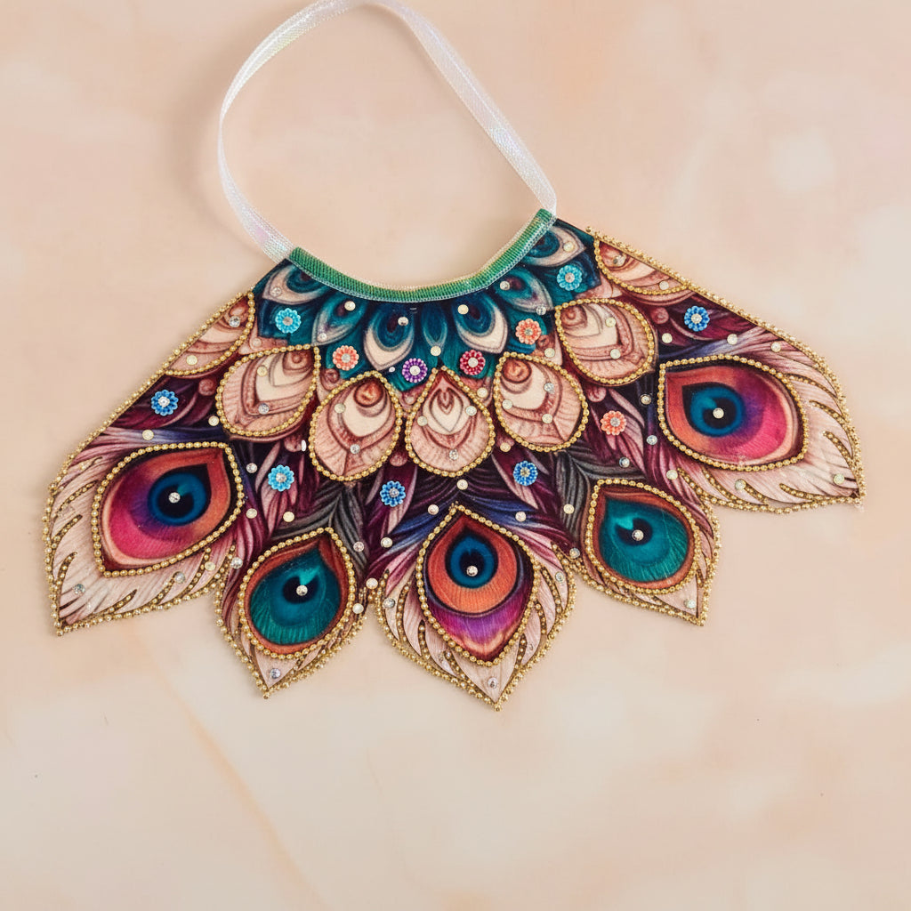 Bhavyaam Mayur Vaibhav handcrafted Lehnga Patka set for Mata Rani, Lakshmi Ji and Ganesh Ji featuring a peacock feather inspired design with stone embellishments and festive shringar.