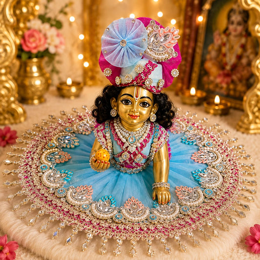Bhavyaam Neelkamal handcrafted sky blue and rani pink Laddu Gopal Ji poshak with pearl, kundan and stone work and matching designer Mukut for Janmashtami and Jhulan Yatra.