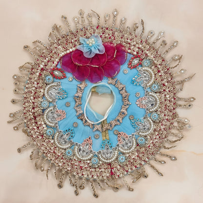 Bhavyaam Neelkamal handcrafted sky blue and rani pink Laddu Gopal Ji poshak with pearl, kundan and stone work and matching designer Mukut for Janmashtami and Jhulan Yatra.