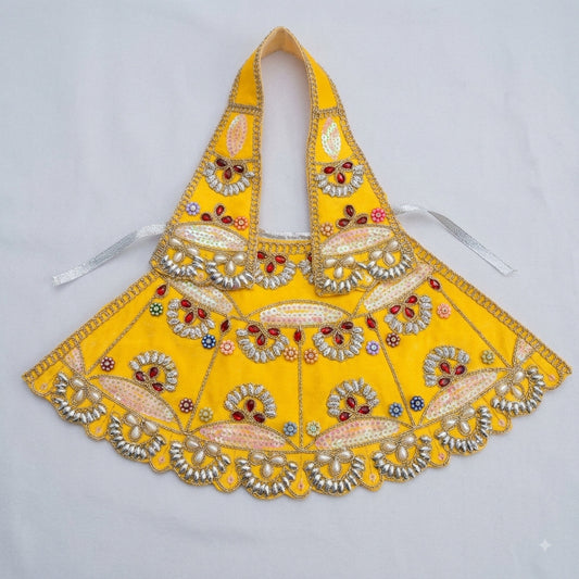 Bhavyaam handcrafted Pitambari Lavanya yellow Mata Rani lehenga patka set with pearl moti work, ruby stone embellishments, and crystal scalloped border for Vasant Panchami and Devi shringar.