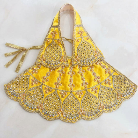 Bhavyaam handcrafted Pitambari Swarna yellow Mata Rani lehenga patka set with golden teardrop beads and scalloped rhinestone kalash motifs for Vasant Panchami and Devi shringar